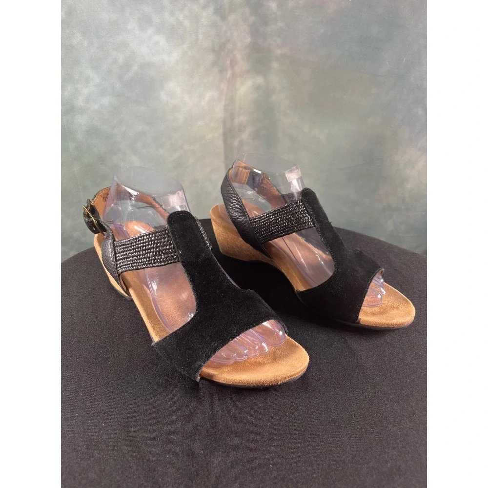 Vionic Kaytie Black Suede Leather Cork Wedge Slingback Sandals‎ Womens 8